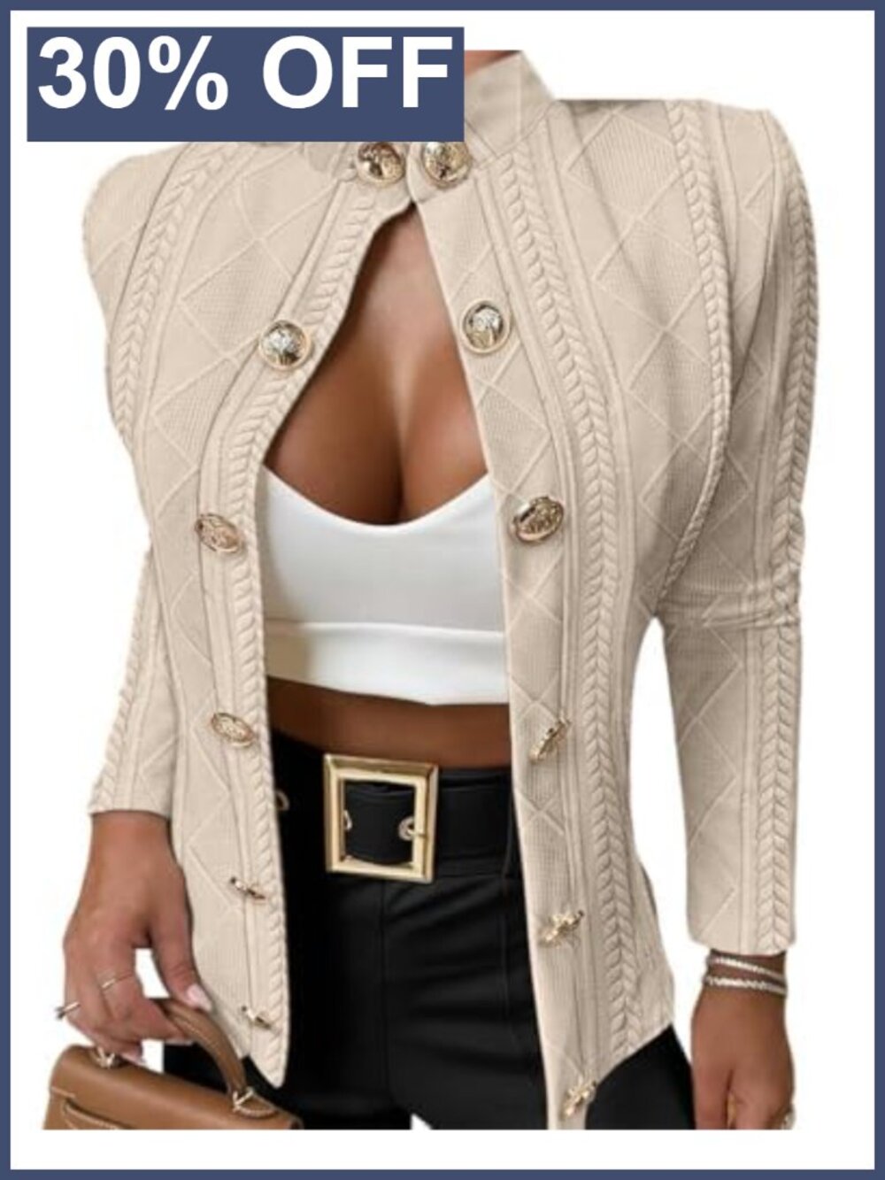 Argyle Cable Knit Cropped Jacket Stand Collar Button Up Coat